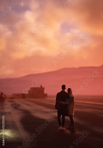 Man and woman with bags walk embraced on a wet road at sunset. Rear view. 3D render. © ysbrandcosijn