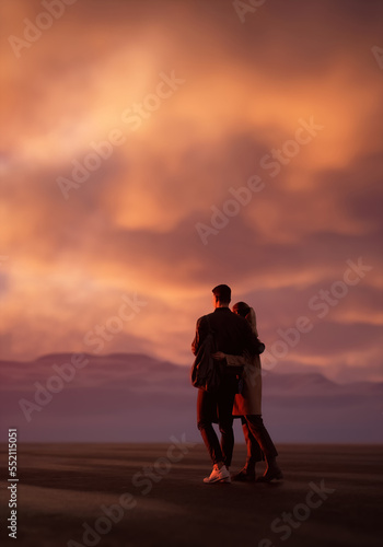 Man and woman with bags walk embraced on a wet road at sunset. Rear view. 3D render. © ysbrandcosijn