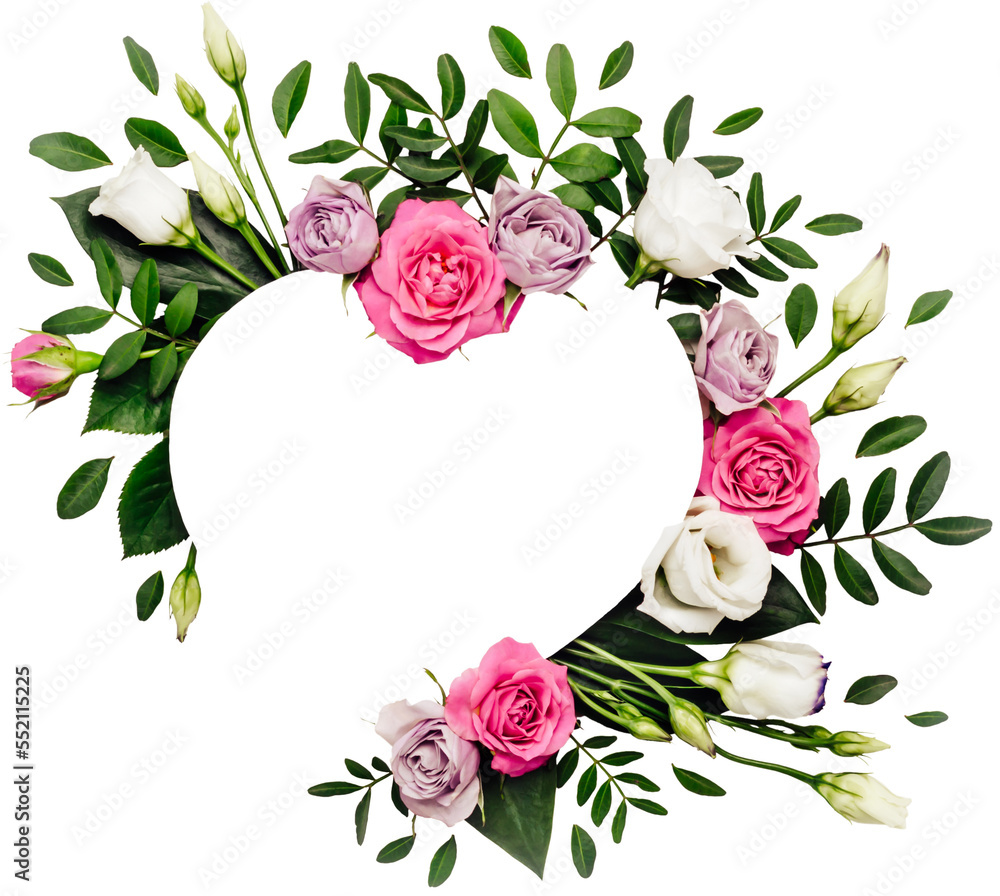 Valentine's day romantic concept. Natural heart shape frame layout with white and pink roses and green leaves - obrazy, fototapety, plakaty 