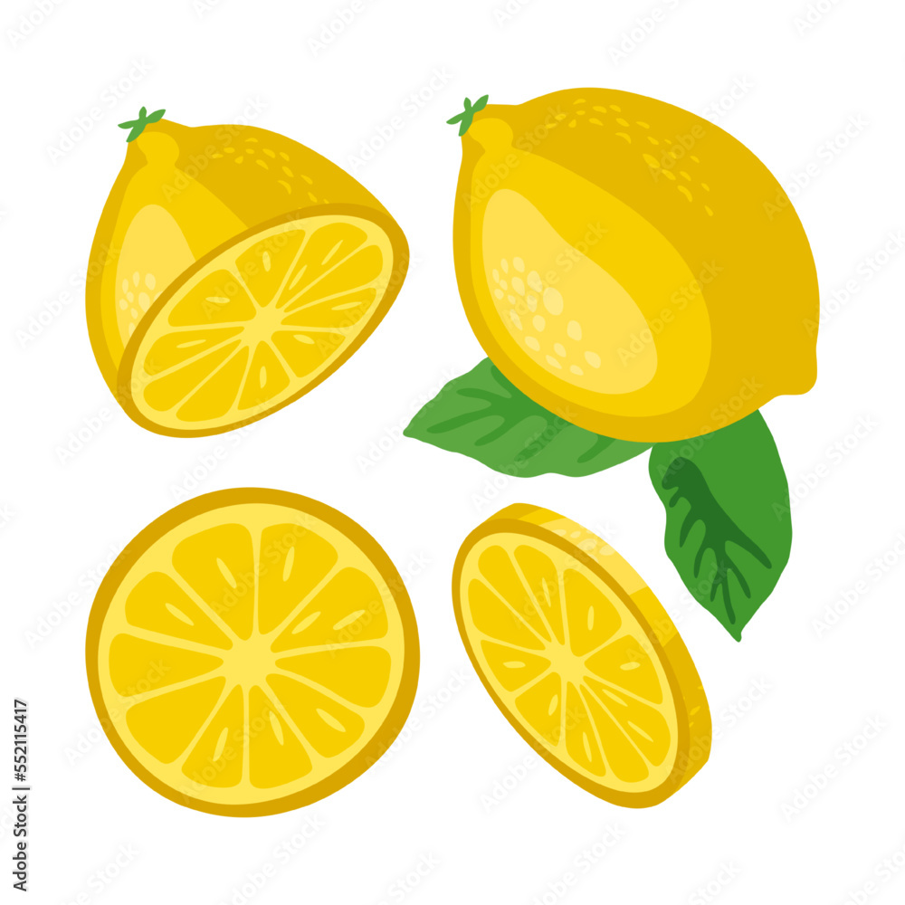 Pieces of lemon vector illustrations set. Collection of cartoon drawings of whole yellow fruit, half and slices isolated on white background. Organic food, diet, healthy eating concept