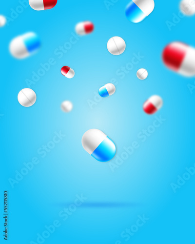 Falling pills, medicine capsules for healthcare, medical and science purposes 