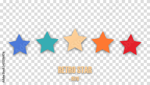 Colorful rating 5 stars in retro style on a transparent background. Feedback concept for mobile app or website. Quality shape design. Vector illustration in 1970s 1980s 1960s style.