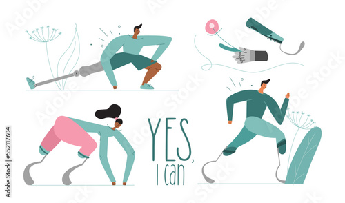 Vector illustration with set characters, sports woman, mans birth anomaly, has bionic leg, titanium foot, implant or prosthesis and phrase YES, I CAN.