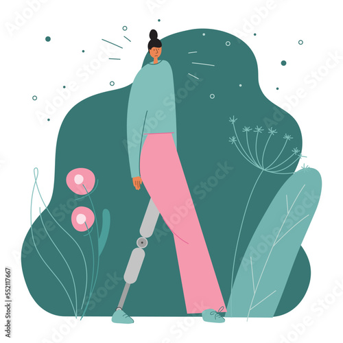 Women has disability and bionic leg, titanium foot, implant or prosthesis. Vector illustration can be use for world disability day.