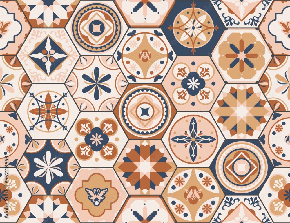 Talavera pattern. Indian patchwork, Turkish ornament. Moroccan mosaic. Ceramic dishes, folk print. Spanish pottery. Antique Moroccan, Portuguese hexagonal tiles. Mediterranean seamless 