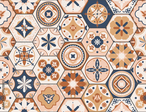 Talavera pattern. Indian patchwork, Turkish ornament. Moroccan mosaic. Ceramic dishes, folk print. Spanish pottery. Antique Moroccan, Portuguese hexagonal tiles. Mediterranean seamless 