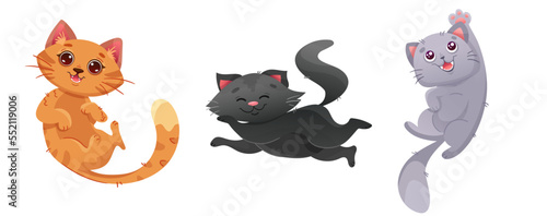 Funny and cute cats in different poses. Playing, flying kitty characters. Animal set collection of different cat breeds for printing, poster or t-shirt design. Vector cartoon illustration