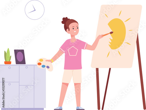 Creative girl painter. Kid drawing on canvas easel