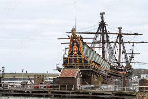 Historic ship at the harbor of Batavia in the Dutch city of Lelystad in Flevoland.