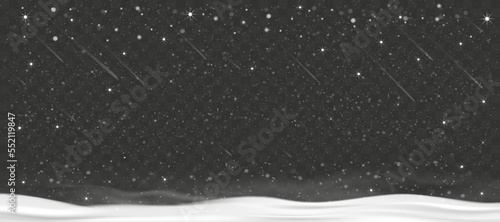 Winter scene Night Starry sky,Snow falling on transparent background,Vector bright calm tranquil serene glitter starlight spark twinkle dusk dust cloud nightfall shape on snowdrifts, Christmas Banner