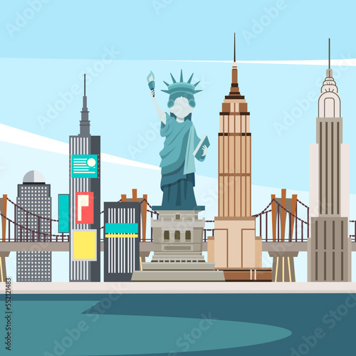 vector landscape of buildings and Statue of Liberty in new york city