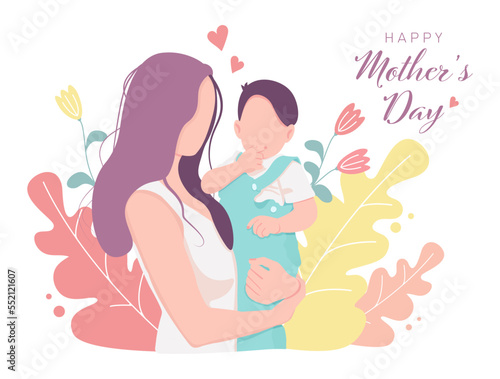 Mother's day greeting card. Vector banner with mother holding baby and pink hearts with flowers.