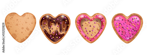 Heart cookie Valentine’s Day set, vector chocolate cute dessert, cartoon sweet food background kit. Holiday pastry doughnut, pink glaze, love symbol, biscuit frosting. Heart cookie bakery clipart