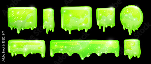 Slime vector frame set, 3D jelly liquid toxic cartoon dripping mucus kit, green Halloween splat. Poison sticky goo, transparent spooky radioactive blob, paint splash blot. Green slime horror clipart