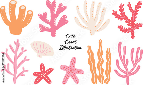 a set of cute hand drawn summer coral  starfish  seaweed  and starfish with retro color