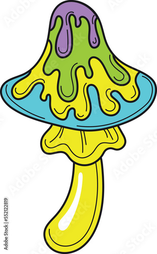 Funky mushroom. Neon trippy sticker. Magic forest