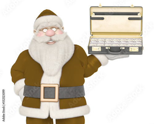 santa claus is smiling and holding a money brifcase photo