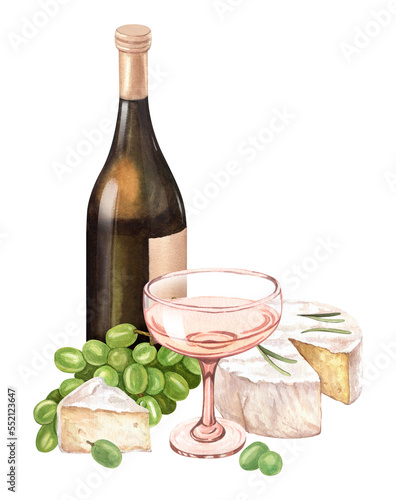 Watercolor white wine bottle, fresh ripe green grapes, glass and cheese. Hand draw background with food objects for picnic.Concept for wine list, label, banner, menu, flyer, brochure template