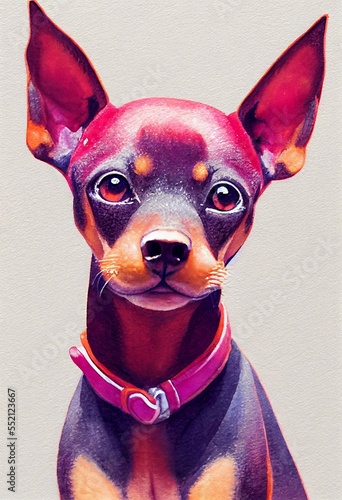 Funny adorable portrait headshot of cute doggy. Miniature Pinscher dog breed puppy, standing facing front. Looking curious towards camera. Watercolor art illustration. Vertical artistic poster.