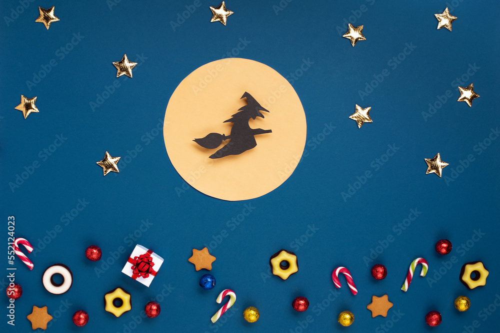 Italian Epiphany day concept. Witch Befana flying on broomstick, moon ...