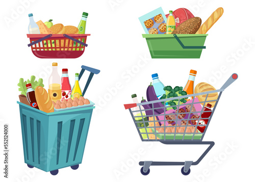 Shopping baskets and carts vector illustrations set. Collection of cartoon drawings of baskets and trolleys full of groceries isolated on white background. Food, shopping, delivery service concept