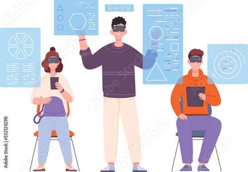 Futuristic workspace. People working with data in vr headset