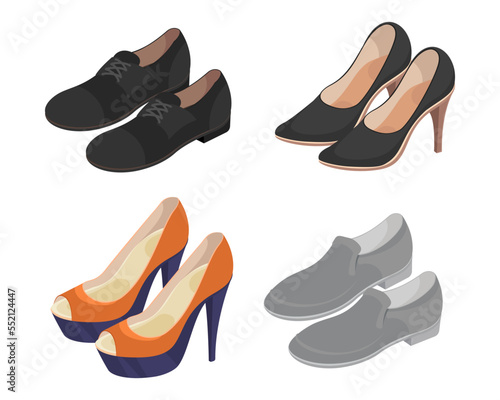 Different formal shoes for women vector illustrations set. Collection of cartoon drawings of female business shoes with low and high heels on white background. Fashion, accessories, footwear concept