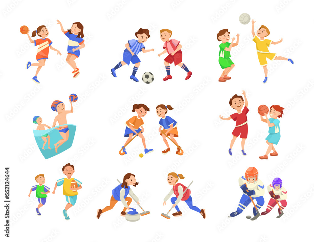 Kids playing different team sports vector illustrations set. Collection of drawings of children playing basketball, football, hockey isolated on white background. Sports, healthy lifestyle concept Kids playing different team sports vector illustrations set. Collection of drawings of children playing basketball, football, hockey isolated on white background. Sports, healthy lifestyle concept