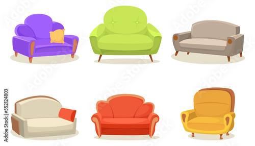 Different designs of modern couches vector illustrations set. Collection of cartoon drawings of sofas of different colors isolated on white background. Furniture, interior concept