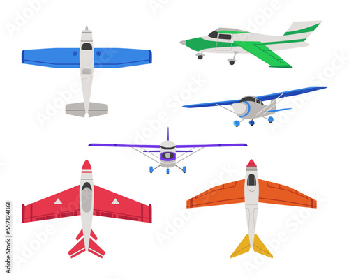 Front, side and top views of airplanes vector illustrations set. Collection of cartoon drawings of planes or aircraft isolated on white background. Aviation, transportation, traveling concept