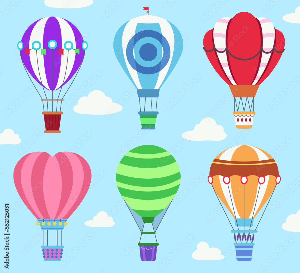 Colorful hot air balloons flying in sky vector illustrations set. Collection of drawings of designs of air transport on blue background with clouds. Aviation, transportation, traveling concept