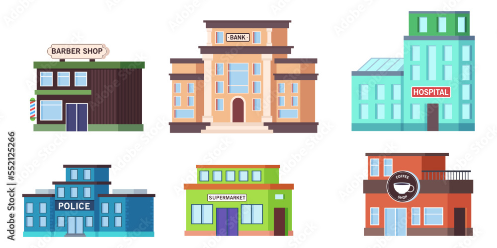 Different municipal or city buildings vector illustrations set. Cartoon drawings of barbershop, bank, hospital, police, supermarket and coffee shop on white background. City or urban life concept