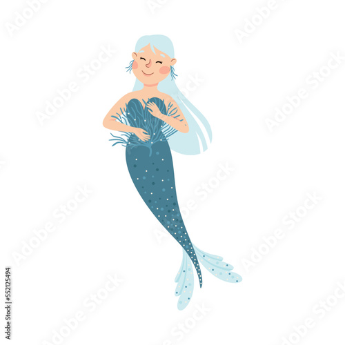 Mermaid with Wavy Blue Hair Floating Underwater Vector Illustration