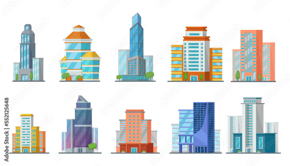Tall modern buildings vector illustrations set. Collection of cartoon ...