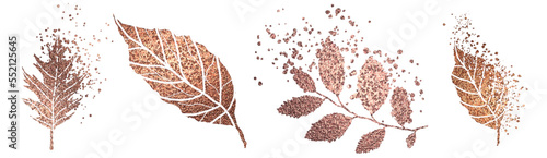 Vector plants and grasses in gold style with gloss effects and and gold paint splatters. Minimalist style of hand drawn plants. With leaves and organic shapes.