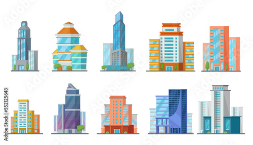 Tall modern buildings vector illustrations set. Collection of cartoon drawings of office or apartment buildings isolated on white background. Architecture, construction, city life concept