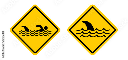 Stop, beware of sharks sigboard. Cartoon shark warning sign for beach people in the water or ocean zone. Stickman swimming. Shark sighting sign, beach closed area. No swim