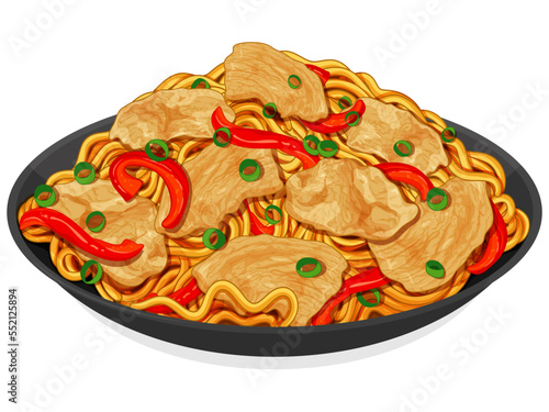 Chinese stir fry noodles with chicken recipe. Asian stir fry noodles recipe illustration vector. Japanese soba noodles. Asian food noodle drawing.
