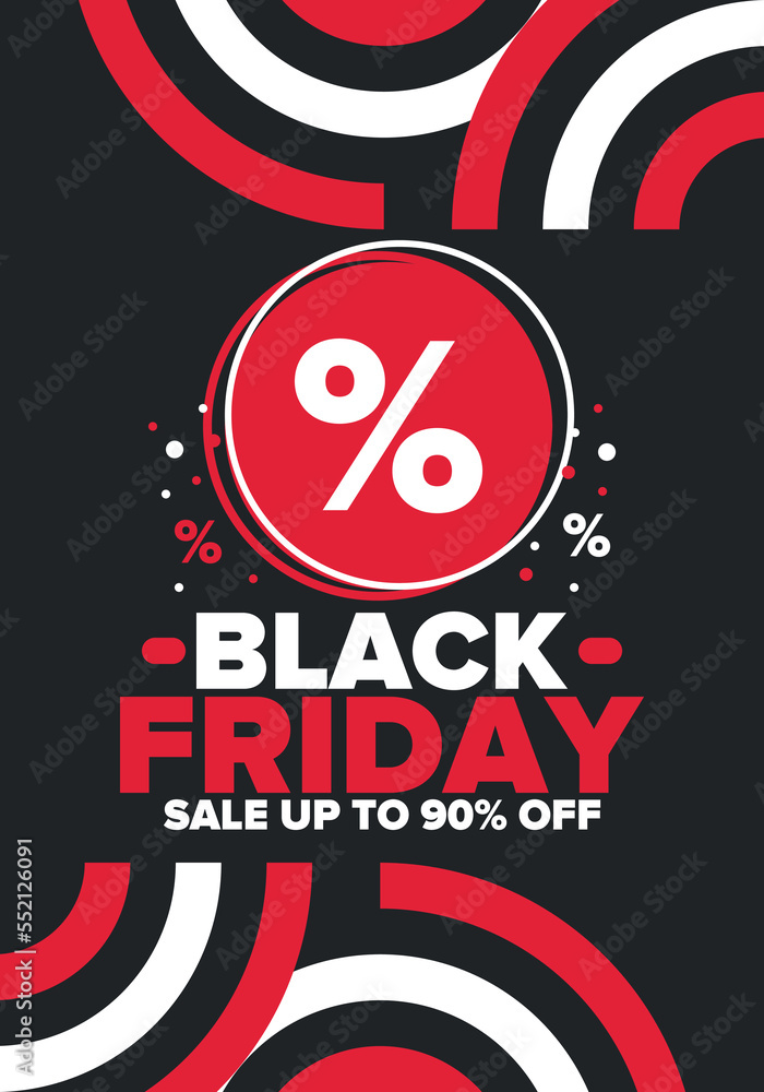 Obraz premium Black Friday. Sale up to 90% off. Biggest sale of the year. Special offer banner. Holiday shopping in United States. Super season deal in November. Discount badge. Creative vector template