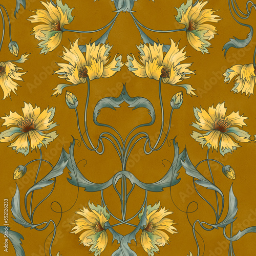 Mustard seamless pattern with flowers, botanical background
