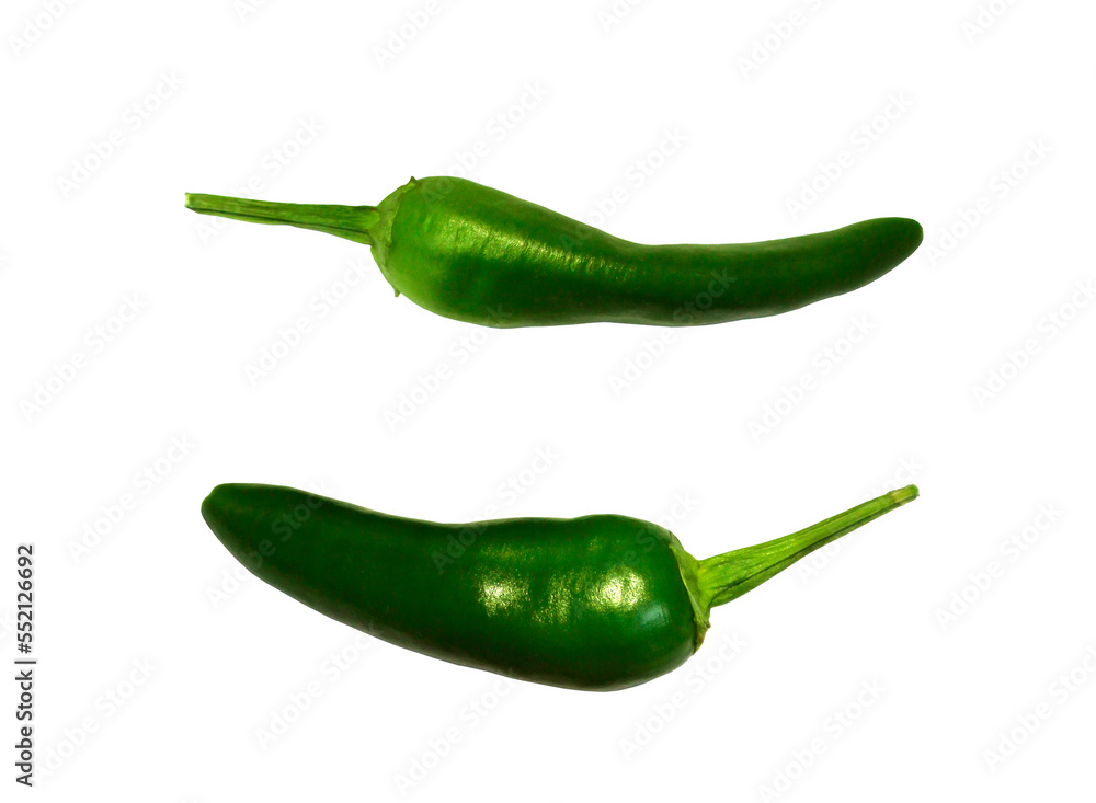 Green chili pepper isolated on a transparent background. Photo of two