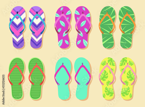 Top view of colorful flip-flops vector illustrations set. Collection of cartoon drawings of flip flops with different ornaments isolated on beige background. Summer, footwear, fashion concept