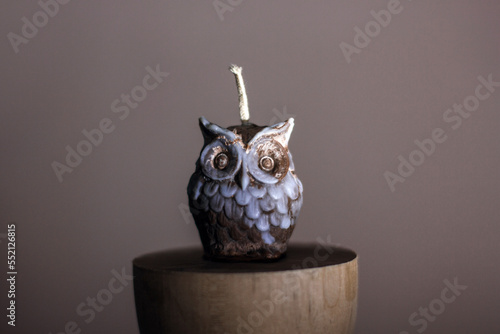 A candle in the shape of an owl. Holiday advent. Beautiful handmade candles. Cozy atmosphere