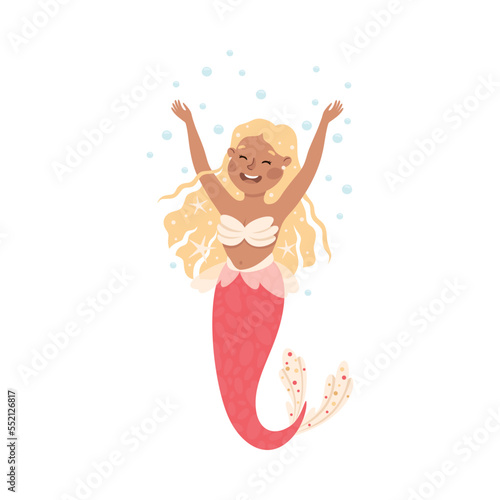 Mermaid with Wavy Hair Floating Underwater Vector Illustration
