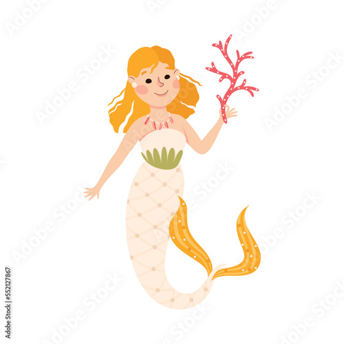 Mermaid with Wavy Orange Hair Floating Underwater Holding Coral Vector Illustration