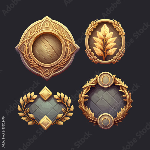 A set of colorful game level frames isolated on the background. Cartoon round user interface avatar border, circle icons of mobile game assets. Frames with colorful gemstones. Vector illustration