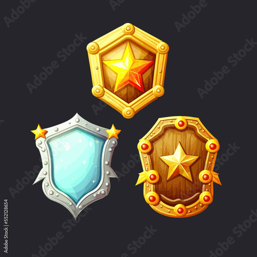 Ranking badges with star and fantasy frame for game ui design. A beautiful fantastic children's play template isolated on background. Vector illustration