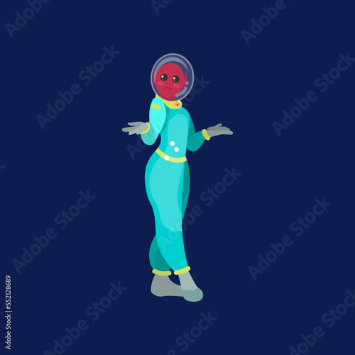 Astronaut shrugging shoulders on dark blue background. Alien character in space suit cartoon illustration. Futuristic, UFO concept