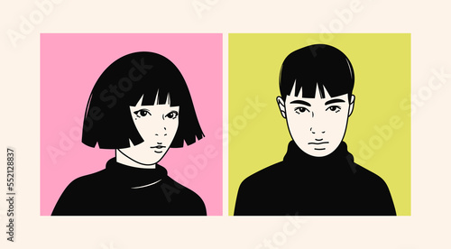Portraits of Teenage boy and girl. Young people look at the camera. Cute characters. Cartoon comic asian style. Social network avatar template. Hand drawn trendy Vector illustration. Isolated icons