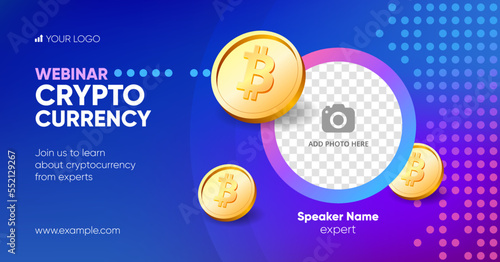 Crypto online webinar social media banner template. Background and bitcoin illustration for cryptocurrency webinar banner design with a place for a picture in vector. 